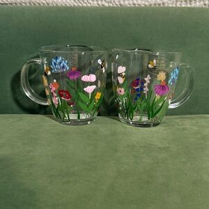 Clear Hand Painted Glass Floral Mug with Colorful Wildflower Design - Set of 2